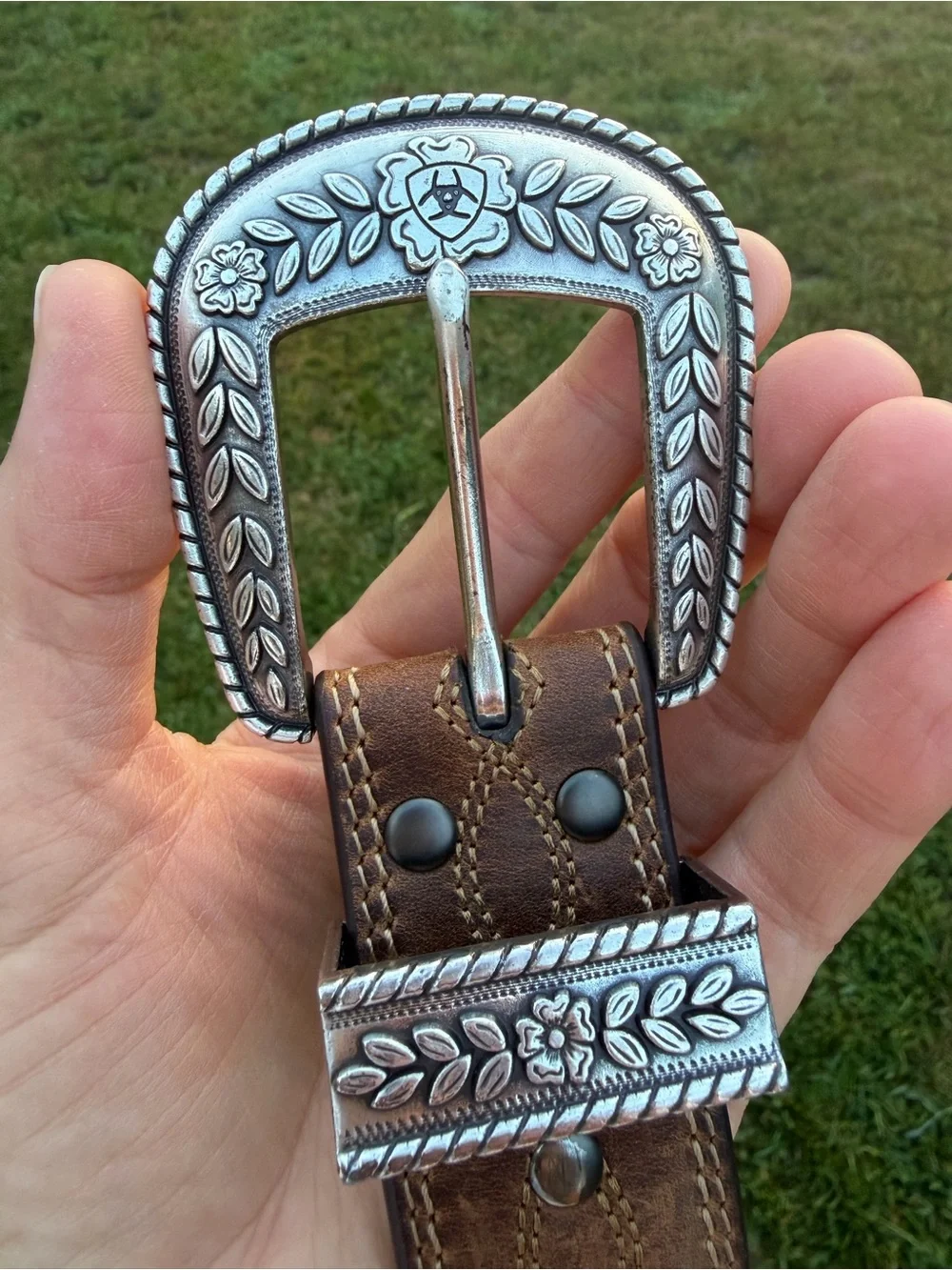 Ariat Brown Leather Western Belt with Silver Floral Buckle and Tip